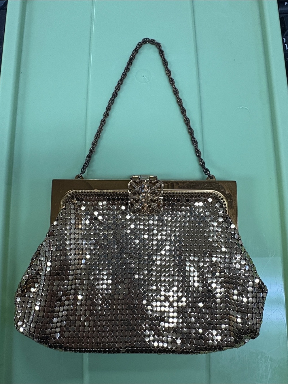 Vintage Gold Sequin Evening Handbag with Chain Handle